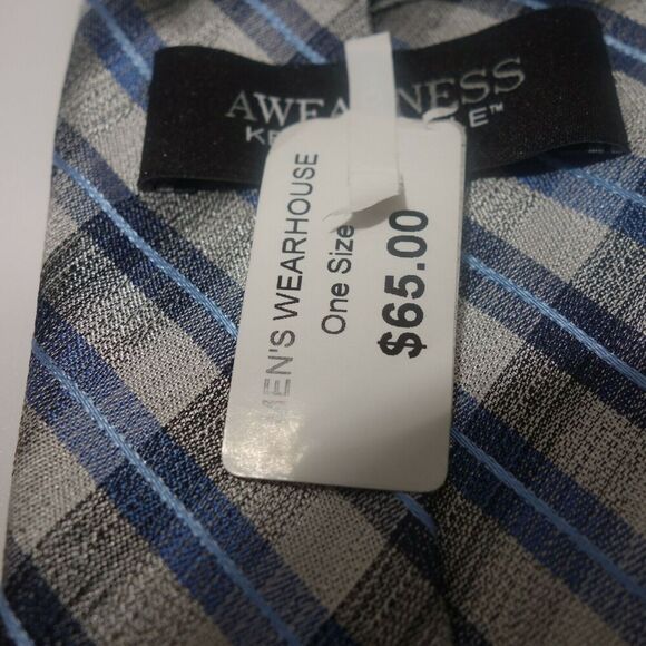 New Kenneth Cole Awearness Silk Men's Tie Gray Black Blue Silver Stripe - Picture 6 of 7